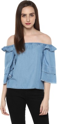 STREET9 Casual Layered Sleeve Solid Women Blue Top