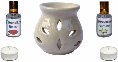 iHandikart Rose & Jasmine Diffuser Set 2 Aroma Oil 10 ml Bottle With 1 '3' inch Burner and 2 Candle(5 x 4 ml)