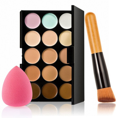

Beauty Wand 15 Colors Contour Concealer Palette +1 Powder Makeup Brush +1 Sponge(Set of 3)