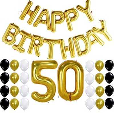 

Shop Online Solid Theme My Party Happy Birthday Foil Balloons, 50 Number Balloon Gold, Black Gold and White Latex Balloons Balloon(Multicolor, Pack of 50)