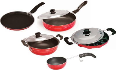 Dynore Non Stick Cookware set of 5- Dosa Tawa, Kadhai with lid, Fry Pan with lid, Appam, Vagharia/Chokan pan Induction Bottom Non-Stick Coated Cookware Set(Aluminium, 5 - Piece)
