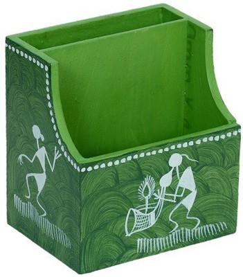 

sunvi 2 Compartments wooden pen stand(Green)
