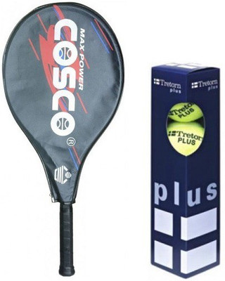 

Cosco Combo of two, one 'Max Power' Tennis Racquet and one 'TRETORN PLUS' Tennis ball box Blue Strung Tennis Racquet(G4, 95 g)