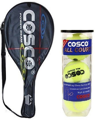 

Cosco Combo of Two, One 'Power Beam' Tennis Racquet(Color on Availability) and One 'All Court'' Tennis Ball box- (pack of 3) Red, Yellow Strung Tennis Racquet(G4 - 4 1/2 Inches, 95 g)