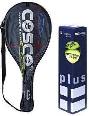 

Cosco Combo of Two, one 'Power Beam' Tennis Racquet (Color on Availability) and One 'TRETORN PLUS' Tennis Ball box (pack of 4)- Red, Yellow Strung Tennis Racquet(G4, 95 g)