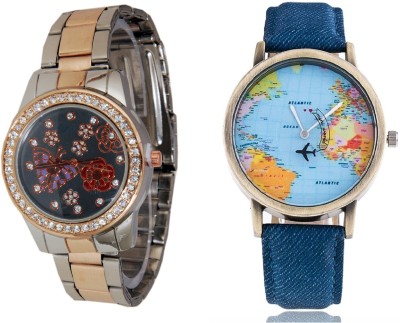 COSMIC WORLD MAP MEN WATCH & TWO TONE STRAP HAVING GARDEN PRINTED DIAL LADIES DIAMOND STUDDED PARTY WEAR Watch  - For Couple   Watches  (COSMIC)