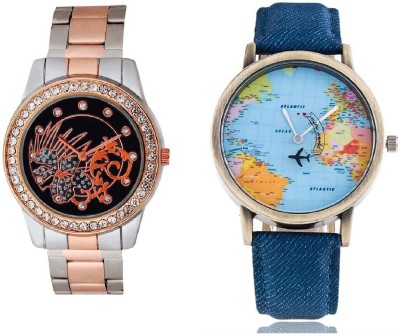 COSMIC WORLD MAP MEN WATCH & TWO TONE STYLES STRAP PRINTED DIAL LADIES DIAMOND STUDDED PARTY WEAR Watch  - For Couple   Watches  (COSMIC)