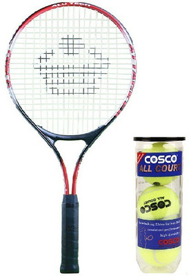 

Cosco Combo Of Two, One 'Euro Top' Tennis Racquet and One 1 Box 'All Court' Tennis Ball Pack of 3- Red Strung Tennis Racquet(G4, 95 g)