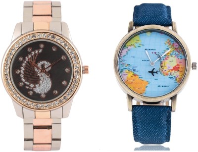 COSMIC WORLD MAP MEN WATCH & TWO TONE STYLES STRAP PRINTED DIAL LADIES DIAMOND STUDDED PARTY WEAR Watch  - For Couple   Watches  (COSMIC)