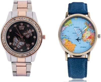 SOOMS WORLD MAP MEN WATCH & TWO TONE STRAP HAVING BEAUTIFUL BUTTERFLY PRINTED DIAL LADIES DIAMOND STUDDED PARTY WEAR Watch  - For Couple   Watches  (Sooms)