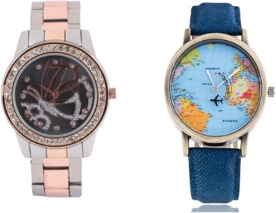 COSMIC WORLD MAP & TWO TONE STYLES STRAP PRINTED DIAL LADIES DIAMOND STUDDED PARTY WEAR Watch  - For Couple   Watches  (COSMIC)