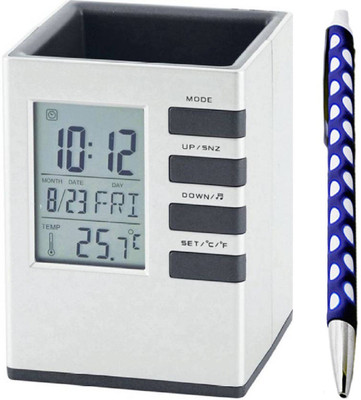 

Tuelip 1 Compartments Plastic Cube Desk Clock Stand With Alarm and Web Pen Combo(White, Grey)