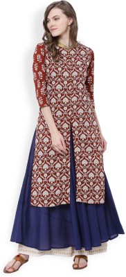 Vishudh Women Printed Anarkali Kurta(Dark Blue, Maroon)