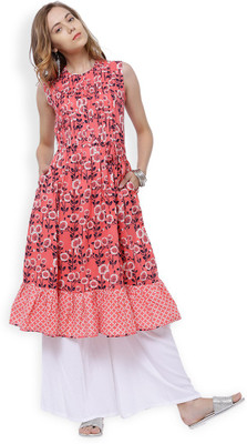 Vishudh Women Printed Anarkali Kurta(Pink, Beige)