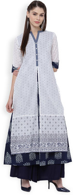 Vishudh Women Printed A-line Kurta(Dark Blue, White)