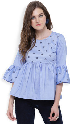 Tokyo Talkies Casual 3/4 Sleeve Solid Women Blue Top