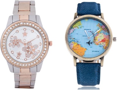 COSMIC WORLD MAP & TWO TONE STYLES STRAP HAVING FLOWER PRINTED DIAL DIAMOND STUDDED PARTY WEAR Watch  - For Couple   Watches  (COSMIC)