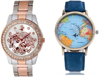 COSMIC WORLD MAP MEN WATCH & TWO TONE STYLES STRAP HAVING PEACOCK PRINTED DIAL LADIES DIAMOND STUDDED PARTY WEAR Watch  - For Couple   Watches  (COSMIC)