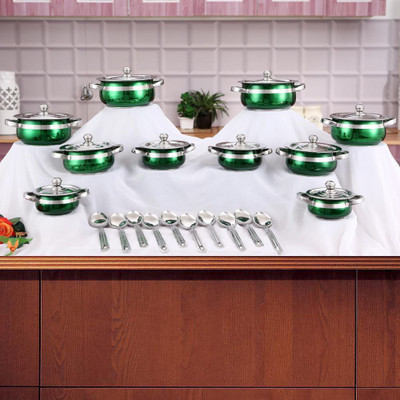 

Mahavir MAHAVIR 10 + 10 Free Handi Set Induction Bottom Cookware Set(Stainless Steel, 11 - Piece), Green