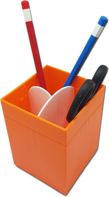 Tuelip 3 Compartments Plastic Cube shape Multi Purpose Pen Stand Orange(Orange)