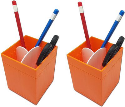 

Tuelip 3 Compartments Plastic Cube shape Plastic Multi Purpose Pen Stand Orange Pack 2(Orange)
