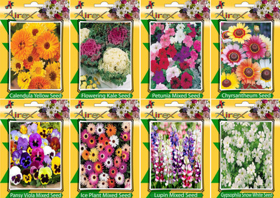 

Airex Calendula Yellow, Flowering Kale, Petunia Mixed, Chyrsantheum, Pansy Viola Mixed, Ice Plant Mixed, Lupin Mixed, and Gypsophila Snow White Seed(25 per packet)