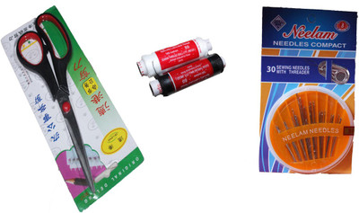 

Wonder Star 4 in 1 sewing machine material kit, 1 packet Neelam Needle, 1 Scissor & 2 Pcs Thread (Small Combo) Sewing Kit