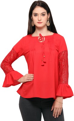 Smarty Pants Casual Bell Sleeve Solid Women Red Top