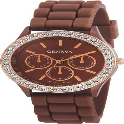 Animate Geneva Brown Silicon Strap Studed Diamond Crono Pattern Dial Watch For Woman And Girls001 Watch  - For Women   Watches  (Animate)
