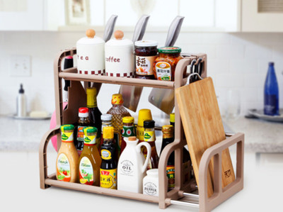 

SYGA 2 Layer Brown Storage Shelf With 2-Height Adjustable Platform and 4-Side Hooks, Storage Rack Kitchen Cabinet Organizer Plastic Kitchen Rack(Brown)