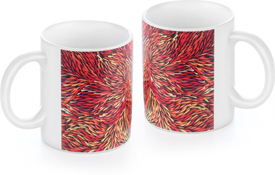 

gifts & souvenir MULTI LINES MUG WITH COASTER SET OF 2- RED Ceramic Mug(300 ml, Pack of 2)