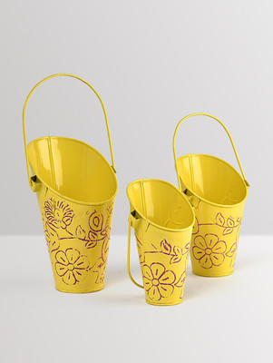 

Aasra Handpainted Yellow Planters Set Of 3 Plant Container Set(Pack of 3, Metal)