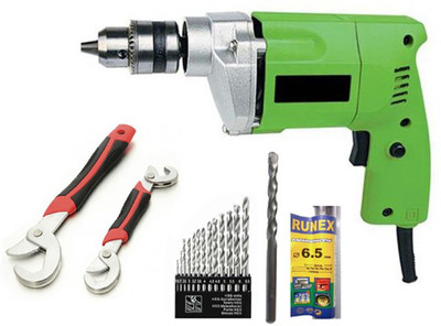 Indo Powerful 10mm Drill + Snap & Grip Universal Wrench+ 1 Pcs Masonary Bit+ 13 Pcs Hss Bit Pistol Grip Drill(10 mm Chuck Size)