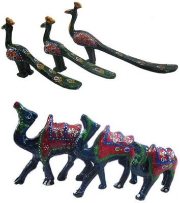 

Unique Indian Crafts Hand crafted wooden base, Lac work peacock & Camels - set of 3 Decorative Showpiece - 7 cm(Porcelain, Multicolor)