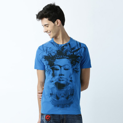 HUETRAP Printed Men Round Neck Blue T-Shirt