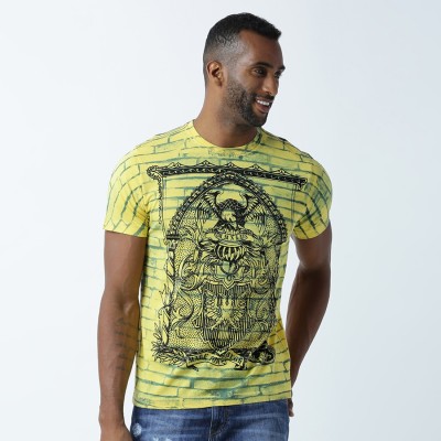 HUETRAP Graphic Print Men Round Neck Yellow T-Shirt