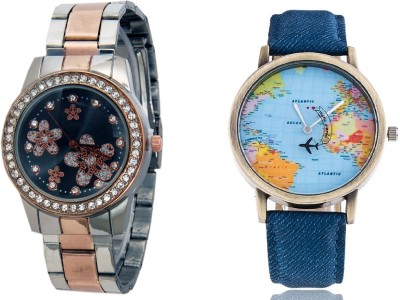COSMIC WORLD MAP MEN WATCH & TWO TONE STYLES STRAP FLOWER PRINTED DIAL LADIES DIAMOND STUDDED PARTY WEAR Watch  - For Couple   Watches  (COSMIC)