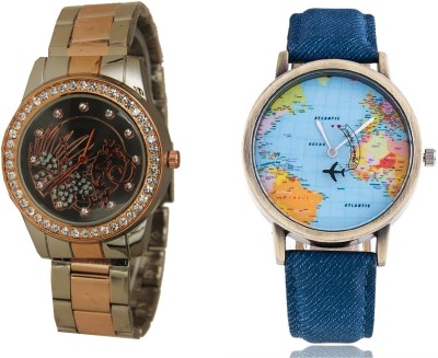 SOOMS WORLD MAP MEN WATCH AND TWO TONE STYLES STRAP PRINTED DIAL LADIES DIAMOND STUDDED PARTY WEAR Watch  - For Couple   Watches  (Sooms)