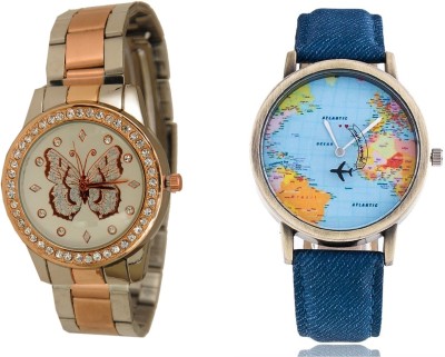 COSMIC WORLD MAP MEN WATCH & TWO TONE STYLES STRAP HAVING BUTTERFLY PRINTED DIAL LADIES DIAMOND STUDDED PARTY WEAR Watch  - For Couple   Watches  (COSMIC)
