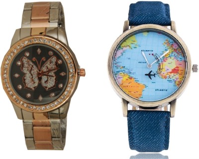 SOOMS WORLD MAP MEN WATCH AND TWO TONE STYLES STRAP HAVING BUTTERFLY PRINTED DIAL LADIES DIAMOND STUDDED PARTY WEAR Watch  - For Couple   Watches  (Sooms)