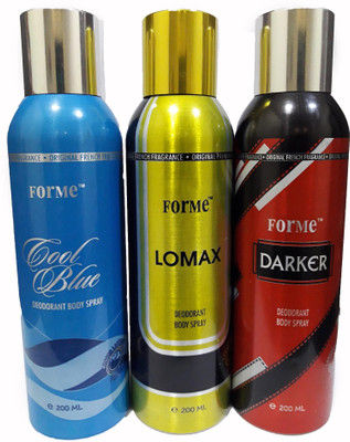 

Forme LOMEX + COOL BLUE + DARKER DEODRANT BODY SPRAY FOR MEN 200ML Body Spray - For Men(200 ml, Pack of 3)