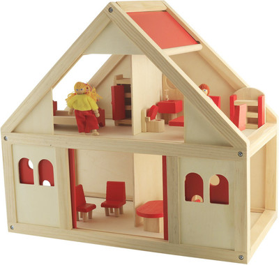 

Munchkinz Wooden Sturdy DIY Creative Multi-Level Wooden Doll House With Cute Family Doll Set and Home Accessories and Furnitures for Kids(Brown, Red)