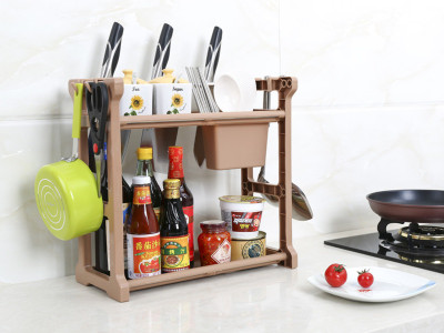 

SYGA 2 Layer Brown Storage Shelf With 2-Height Adjustable Platform and 4-Side Hooks, Storage Rack Kitchen Cabinet Organizer Plastic Kitchen Rack(Brown)