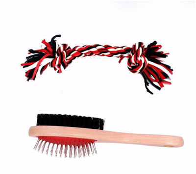 

SRI Imported High Quality Double Sided Wooden Pin Dog Brush (Large) With Rope Toy (Small)- Combo Pack Wire-pin Brushes for Dog