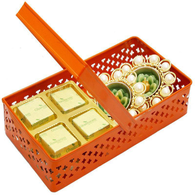 

Ghasitaram Gifts Rectangle Orange Metal Basket with Chocolate and 2 T- Lites Bars(60 g)