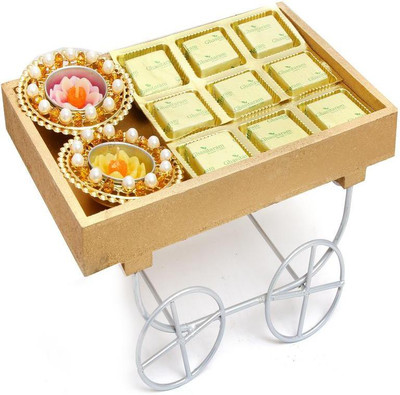 

Ghasitaram Gifts Cart Tray Hamper of Chocolate and Diyas Bars(150 g)