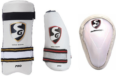 

SG Combo of Three One 'Tournament' Abdominal Guard, One 'Pro' Elbow Guard and One 'Pro' Inner Thigh Guard- Cricket Guard Combo(Multicolor, White