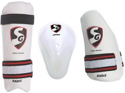 

SG Combo of Three, One 'League' Abdominal Guard, One Radix Elbow Guard and One Radix Inner Thigh Guard- Cricket Guard Combo(Multicolor