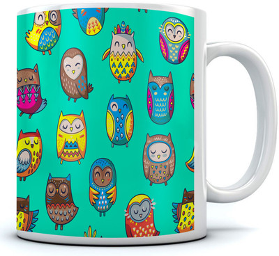 

RAMPOSH Smiley Owls Garden Theme Teal Color Coffee Ceramic Mug(350 ml), Multicolor