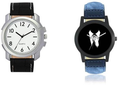 FASHION POOL VOLGA FULL WHITE ROUND STAINLESS STEEL DIAL COMBINATION WITH FULL BLACK FOXTER ROUND DIAL BLACK & BLUE LEATHER STRAP FESTIVAL SPECIAL PERFECT COMBO WATCH WITH A PERFECT COLOR COMBINATION Watch  - For Boys   Watches  (FASHION POOL)